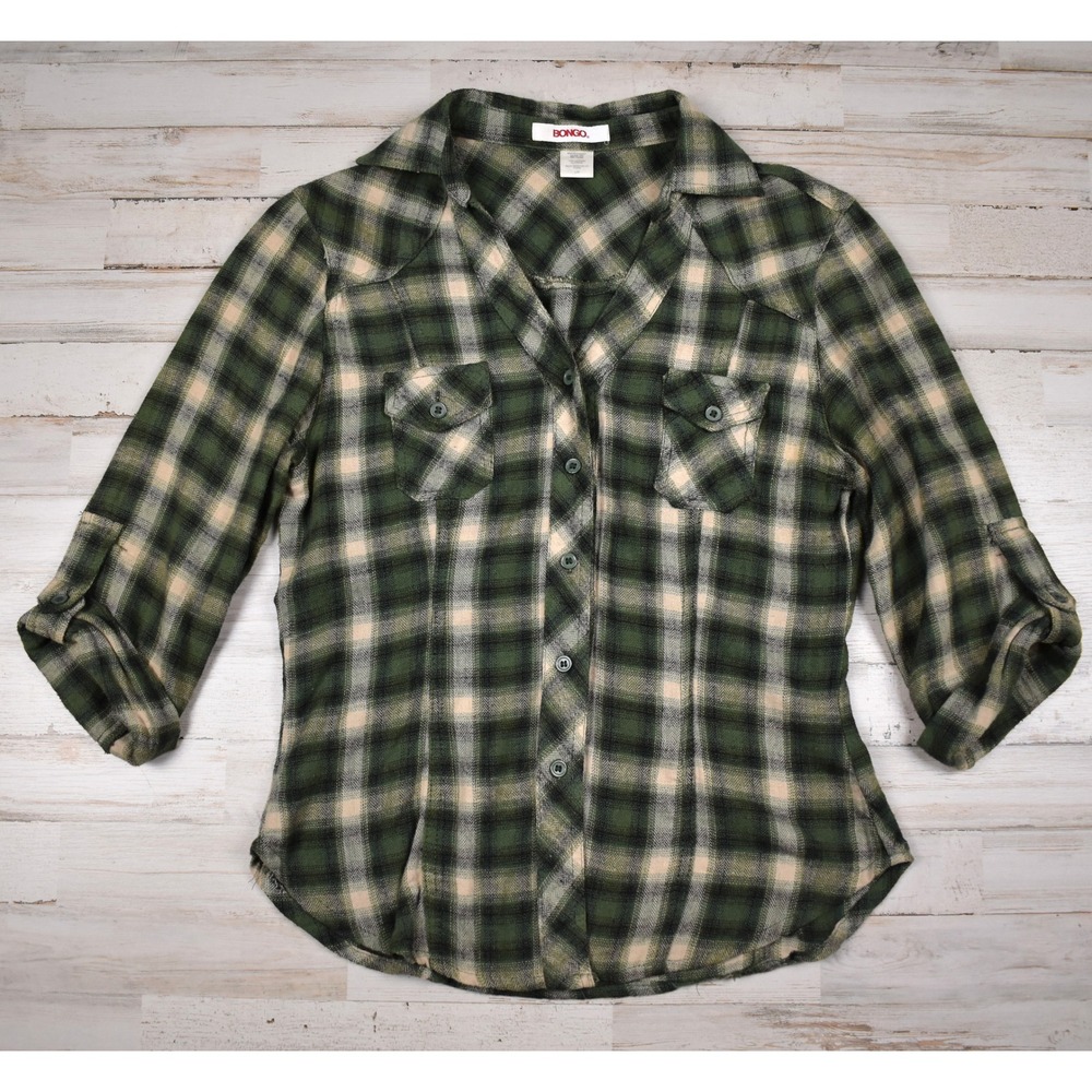 Y2K VTG Bongo Plaid Button Down Shirt Womens Large Green Roll Tab Sleeve Grunge